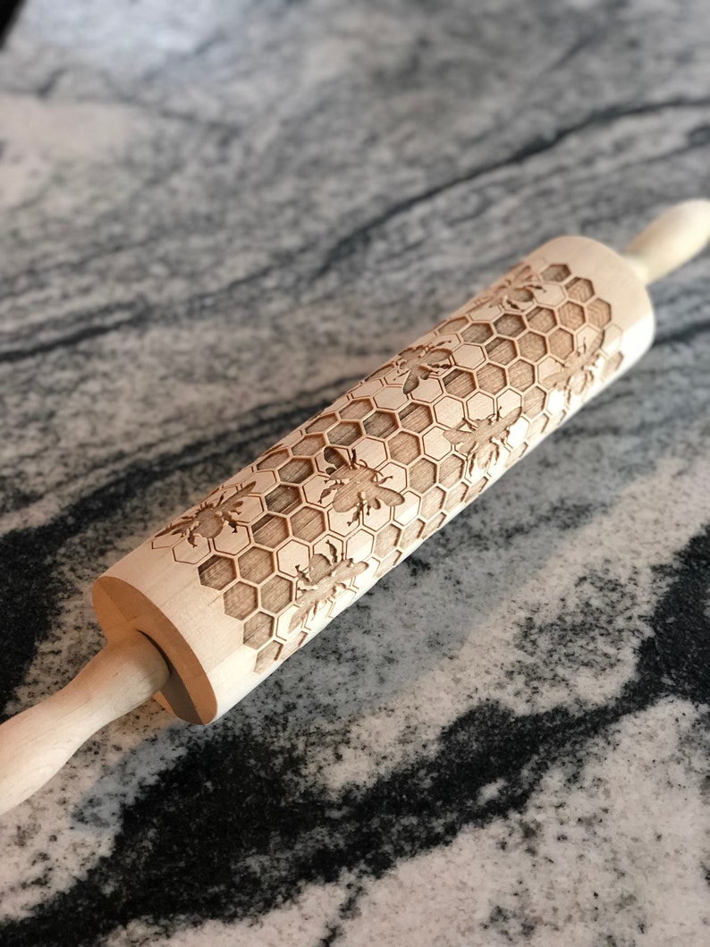 holiday themed laser engraved rolling pin Honey Bee MADE IN OKLAHOMA Honeycomb