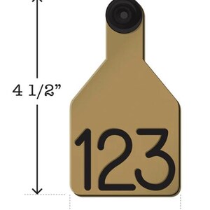 Puede incluir: Una etiqueta de identificaci&oacute;n de ganado de pl&aacute;stico marr&oacute;n con un agujero negro en la parte superior y el n&uacute;mero 123 impreso en negro. La etiqueta mide 11,4 cm de alto y 5,7 cm de ancho.
