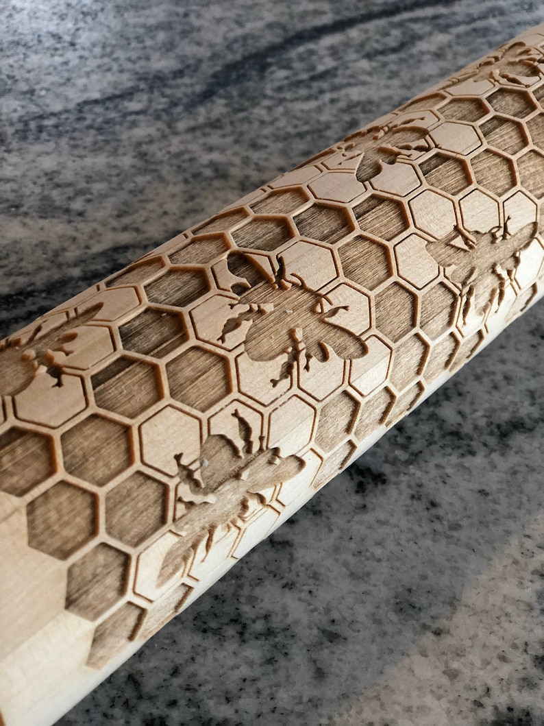 holiday themed laser engraved rolling pin Honey Bee MADE IN OKLAHOMA Honeycomb