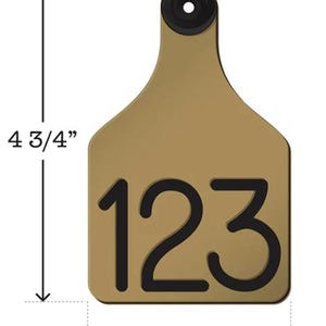 May include: A gold-coloured plastic livestock ear tag with the number 123 printed in black. The tag is 4 3/4 inches tall and 3 inches wide.