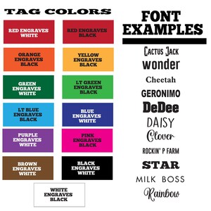 Puede incluir: Un gr&aacute;fico que muestra diferentes colores de etiquetas y ejemplos de fuentes para un producto. Los colores de las etiquetas incluyen rojo, naranja, verde, azul claro, morado, marr&oacute;n, negro, amarillo y verde claro. Los ejemplos de fuentes incluyen Cactus Jack, wonder, Cheetah, Geronimo, DeDee, Daisy, Clover, Rockin' P Farm, Star, Milk Boss y Rainbow.