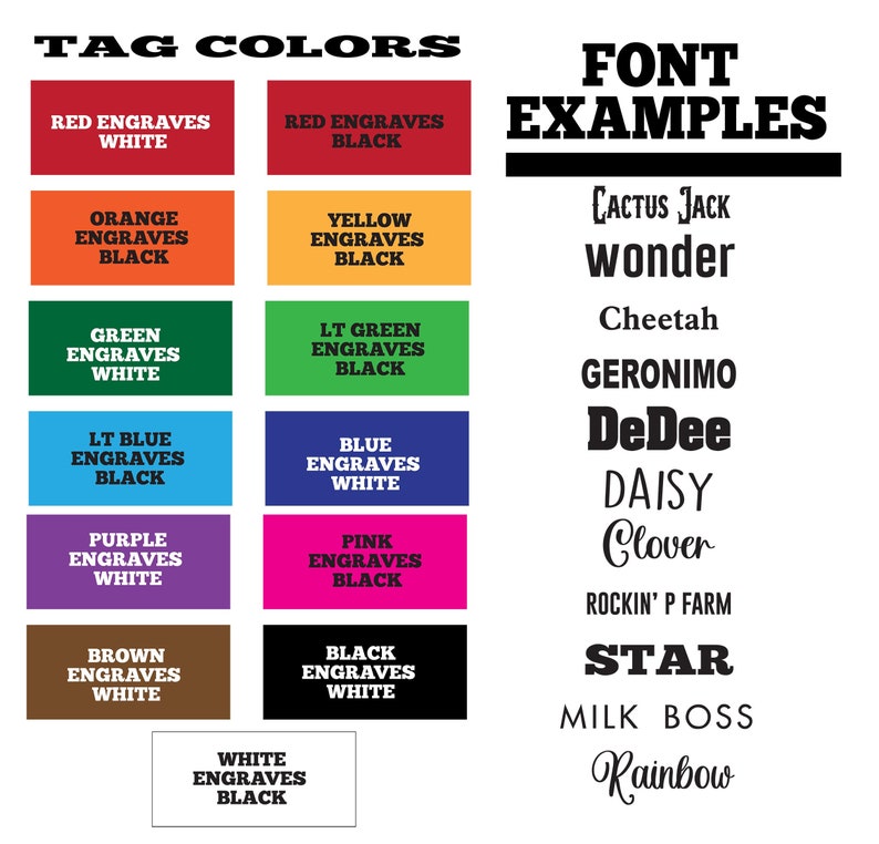 Puede incluir: Un gr&aacute;fico que muestra diferentes colores de etiquetas y ejemplos de fuentes para un producto. Los colores de las etiquetas incluyen rojo, naranja, verde, azul claro, morado, marr&oacute;n, negro, amarillo y verde claro. Los ejemplos de fuentes incluyen Cactus Jack, wonder, Cheetah, Geronimo, DeDee, Daisy, Clover, Rockin' P Farm, Star, Milk Boss y Rainbow.