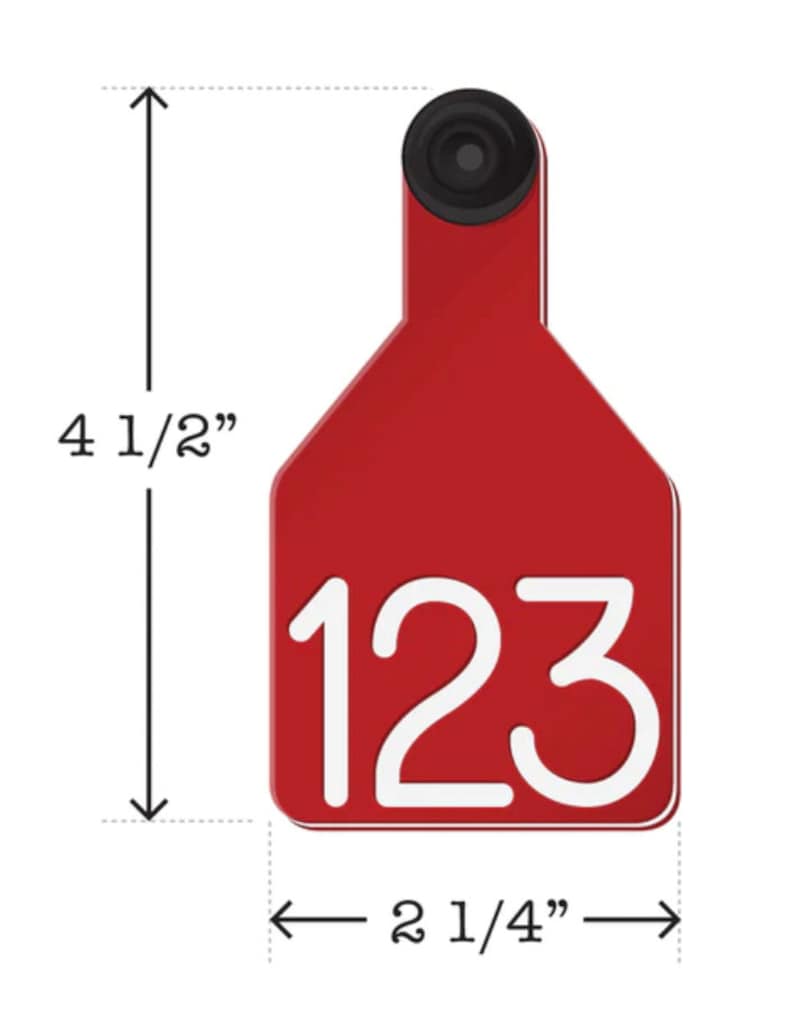 Puede incluir: Etiqueta de oreja roja de pl&aacute;stico para ganado con el n&uacute;mero "123" impreso en blanco. La etiqueta mide 11,4 cm de alto y 5,7 cm de ancho.