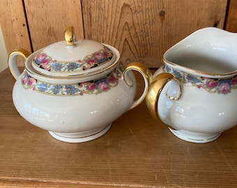 Vintage Czechoslovakian Celebrate gilded creamer and covered sugar