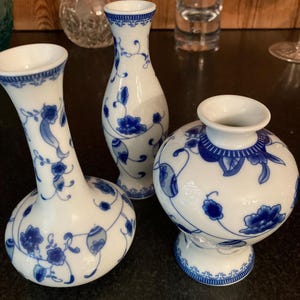 Trio of Vintage Chinese Blue and White Vases