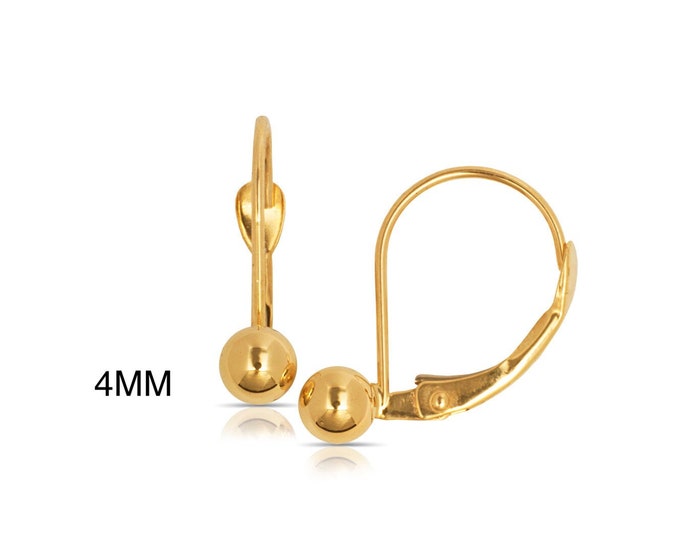 14k Pure Solid Yellow Gold Ball Drop Leverback Earrings Etsy