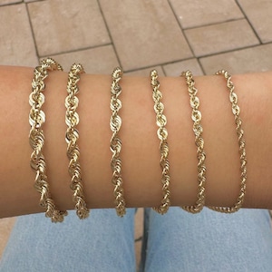 Pure 10K Gold SUPER LIGHT Unisex Diamond Cut Rope Chain Bracelet 2MM to 5MM. Lobster Lock. Choker. Fashion Jewelry. His and Hers.