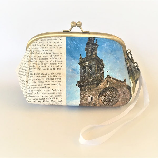 Real Paper Purse, Historical Sites Book At Catalonia, Spain, Recycled Makeup Pouch, Upcycled Case, Eco Friendly, Wristlet Strap Bag