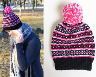 Pink White Black Fair Isle Knit Women's Hat - Christmas Gift For Her - Knit Beanie - Women's Beanie - Fair Isle - Knit Pompom Hat - Toque