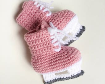 Knit Crochet Baby Skates Pink Booties - Knit Baby Photo Prop - Baby Hockey Photo Prop - Baby Girl Skates - Figure Skates - MADE TO ORDER