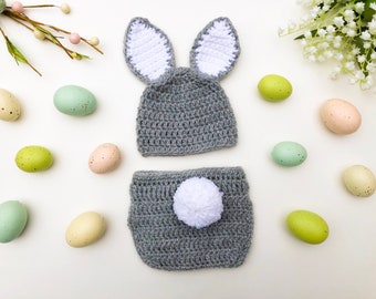 Easter Bunny Rabbit Baby Knit Crochet Photo Prop - Baby Photo Shoot -  Hat + Diaper Cover Set - MADE TO ORDER