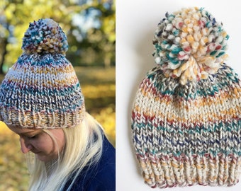 Knit Hudson's Bay Inspired Pompom Hat - Christmas Gift For Her - Knit Beanie - Chunky Knit - Wool Hat - Knit Toque - Chunky Wool Hat - Wool