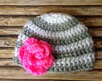 Knit Crochet Grey/White Stripe Baby Hat - Pink Flower - Photo Prop - Baby Shower Gift - Handmade - MADE TO ORDER