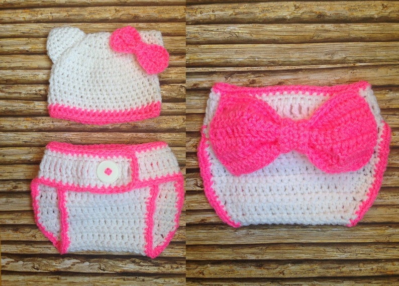 Newborn Baby /"Hello Kitty/" Hat and Diaper Cover-Hand Crochet-Photo Prop