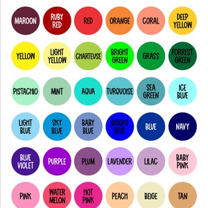 May include: A color chart from Two by Two Zoo Designs, featuring a variety of colors in circular swatches. Colors include maroon, red, orange, yellow, green, blue, purple, pink, brown, and more. The text "COLOR CHART" is at the top.