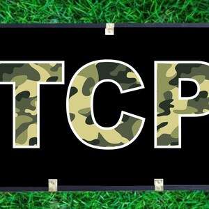 May include: A black banner with the word "TCP" in white letters. The letters are filled with a camouflage pattern in shades of green and tan.