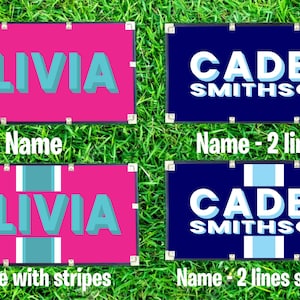 May include: Four rectangular signs with names. Two signs are pink with the name "OLIVIA" in turquoise. Two signs are navy blue with the name "CADEN SMITHSON" in white. The signs have text that says "Name", "Name - 2 lines", "Name with stripes", and "Name - 2 lines stripes".