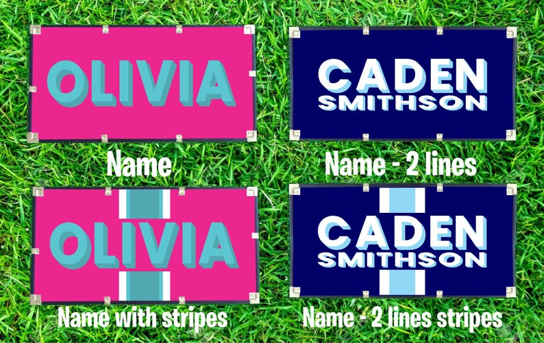 May include: Four rectangular signs with names. Two signs are pink with the name "OLIVIA" in turquoise. Two signs are navy blue with the name "CADEN SMITHSON" in white. The signs have text that says "Name", "Name - 2 lines", "Name with stripes", and "Name - 2 lines stripes".