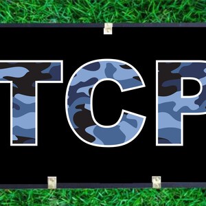 May include: A black banner with the word "TCP" in white letters. The letters are filled with a blue and black camouflage pattern.