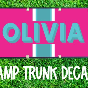 Camp Trunk Name Sticker with Stripes. Summer Camp Name Vinyl Decal Decor. Preppy Personalized Name Sticker. Camp Trunk Monogram.