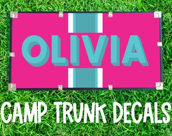Camp Trunk Name Sticker with Stripes. Summer Camp Name Vinyl Decal Decor. Preppy Personalized Name Sticker. Camp Trunk Monogram.