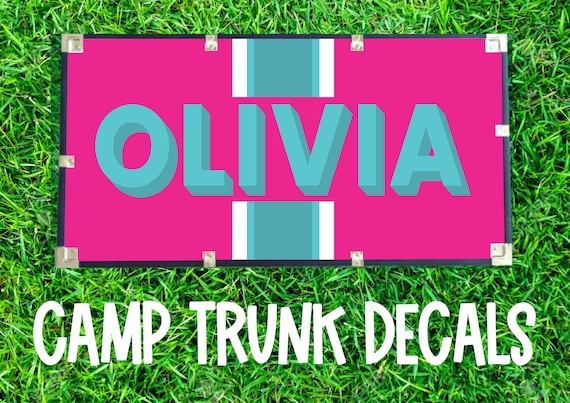 Camp Trunk Name Sticker with Stripes. Summer Camp Name Vinyl Decal Decor. Preppy Personalized Name Sticker. Camp Trunk Monogram.