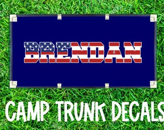 Personalized American Flag Name Decal. Summer Camp Trunk Sticker.