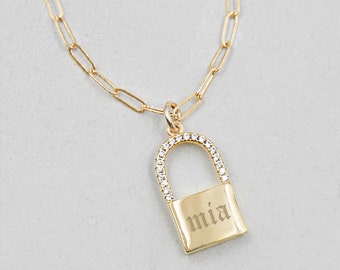 Paperclip Chain Padlock Necklace - GOLD | Engraved Padlock Necklace | Engraved Name Necklace | Engraved Locket | Personalized Padlock