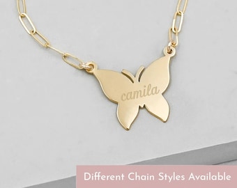 Custom Large Butterfly Necklace |Gold Filled| Customizable Necklace | Personalized Butterfly Necklace | Engraved Butterfly | Name Necklace