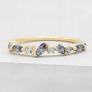 Cluster Ring - Gold + Blue | September Birthstone Stacking Ring with sapphire & aquamarine Cz | Promise ring, Wedding Ring | R1057GBL