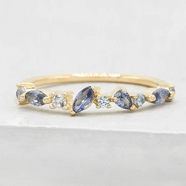 Cluster Ring - Gold + Blue | September Birthstone Stacking Ring with sapphire & aquamarine Cz | Promise ring, Wedding Ring | R1057GBL