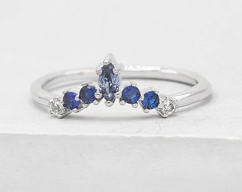 Marquise V Ring - Silver & Blue - V Chevron Ring - Stacking Ring, Promise Ring, Wedding Band - Ring Holder