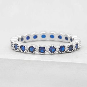 2mm Milgrain Bezel Eternity Band Ring - Silver with sapphire CZ-Stacking Ring anniversary ring wedding ring promise ring | R1041SBLU