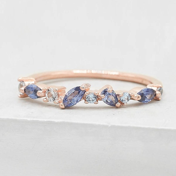 Cluster Ring - Rose Gold + Blue | September Birthstone Stacking Ring with sapphire & aquamarine Cz, Promise ring, Wedding Ring | R1057RBL