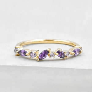 Cluster Ring - Gold + Purple | Amethyst Stacking Ring with CZ Stones  | Promise ring | Wedding Ring | February Birthstone