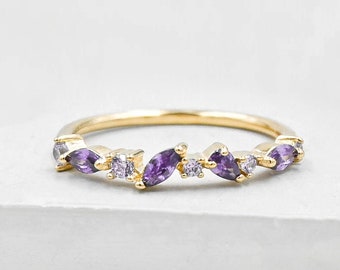 Cluster Ring - Gold + Purple | Amethyst Stacking Ring with CZ Stones  | Promise ring | Wedding Ring | February Birthstone