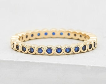 Mini 1.5mm Full Bezel Eternity Ring - Gold & Sapphire CZ - Stacking Ring, wedding ring promise ring, September birthstone | Something Blue