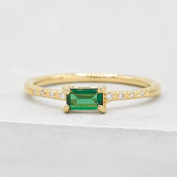 Classic Baguette Ring - Gold + Green | Statement Ring | Emerald Baguette Ring | Stacking ring, engagement ring, promise ring | R1060GGR