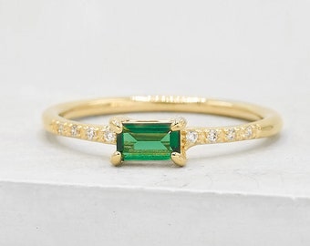 Classic Baguette Ring - Gold + Green | Statement Ring | Emerald Baguette Ring | Stacking ring, engagement ring, promise ring | R1060GGR