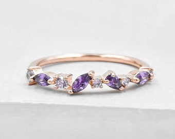 Cluster Ring - Rose Gold + Purple | Amethyst Stacking Ring with CZ Stones  | Promise ring | Wedding Ring | February Birthstone