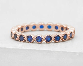 2mm Milgrain Bezel Eternity Band - Rose Gold with sapphire CZ - Stacking Ring anniversary ring wedding ring promise ring | R1041RBLU