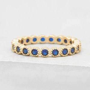 2mm Milgrain Bezel Eternity Band Ring - Gold with sapphire CZ - Stacking Ring, anniversary ring wedding ring promise ring | R1041GBLU