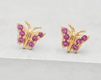 Tiny Butterfly Studs - Gold + Ruby | Butterfly Studs | Dainty Butterfly Earrings | Tiny CZ Studs | Ruby Earrings | July Birthstone