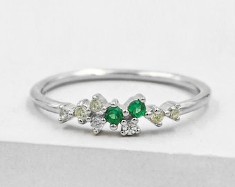 Twilight Cluster Ring - Silver & Green - Emerald Ring - May Birthstone Ring -  promise ring, wedding ring, friendship ring