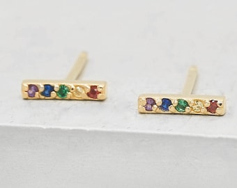 Bar Studs - Gold + Rainbow | Rainbow earrings | rainbow bar earrings | Minimalistic Bars | Bar Earrings - Vermeil Studs