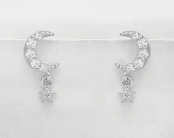 Moon and Star Studs - Sterling Silver - Moon Dangle Earrings | Crescent Earrings | Vermeil Studs | Celestial Earrings | Silver Moon Studs