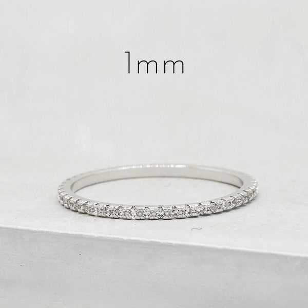 Thin 1mm Stone Eternity Band - Silver - Half Band or Full Band Stacking Ring | Eternity Ring | Promise Ring | Wedding Band | R1005G | R1040G