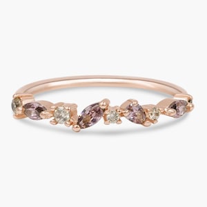 Rose Gold  Cluster Ring with Pink and Champagne Marquise and Pear Cubic Zirconia - Temporary Wedding Band or Birthday Present