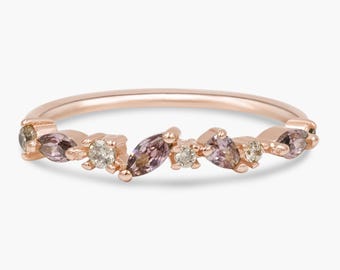 Rose Gold  Cluster Ring with Pink and Champagne Marquise and Pear Cubic Zirconia - Temporary Wedding Band or Birthday Present