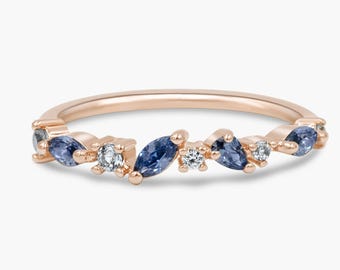 Cluster Ring - Rose Gold + Blue | September Birthstone Stacking Ring with sapphire & aquamarine CZ,  Sizes 3-10